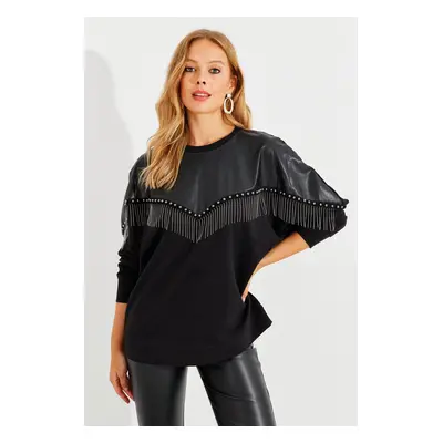 Cool & Sexy Women's Black Faux Leather Block Sweatshirt