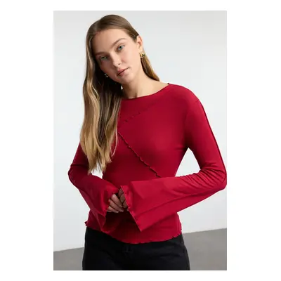 Trendyol Claret Red Ribbed Detailed Fitted/Fits the Body Spanish Sleeve Knitted Blouse