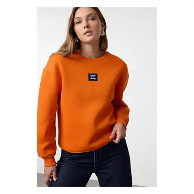 Trendyol Orange Reaxed/Relaxed Fit Slogan Printed Thick Polar Fleece Knitted Sweatshirt