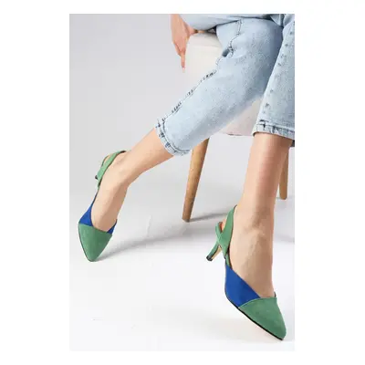 Mio Gusto Ruby Green And Sax Color Suede Women's Short Heeled Shoes.