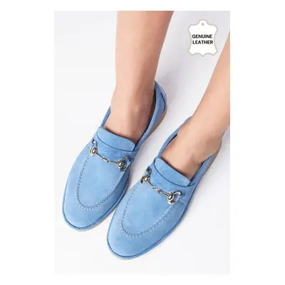 Mio Gusto Claire Genuine Suede Blue Color Oval Toe Buckle Accessory Women's Loafer Shoes