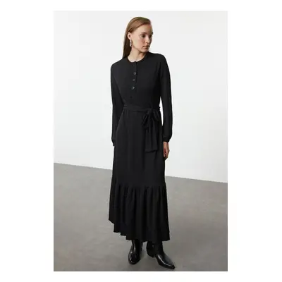 Trendyol Black Belted Ribbed Knit Dress