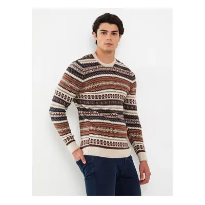 LC Waikiki LCW Casual Beige Melange Crew Neck Long Sleeve Patterned Men's Knitwear Sweater