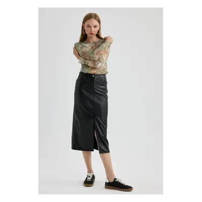 DEFACTO Faux Leather Slit Midi Skirt