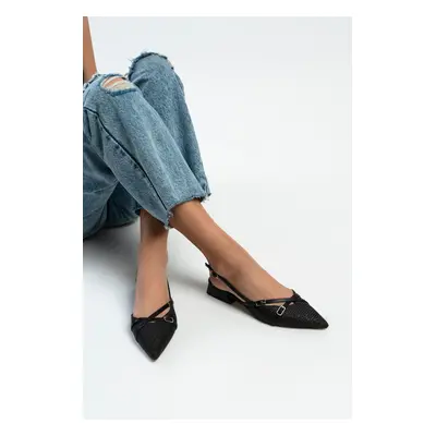 NİŞANTAŞI SHOES Jilly Black Special Woven Straw Buckle Detailed Short Heeled Women's Ballerinas