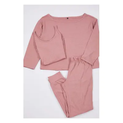 Trendyol Dusty Rose 3-Piece Cotton Knitted Pajama Set