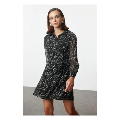 Trendyol Black Belted Polka Dot Waist Opening Lined Chiffon Woven Winter Dress