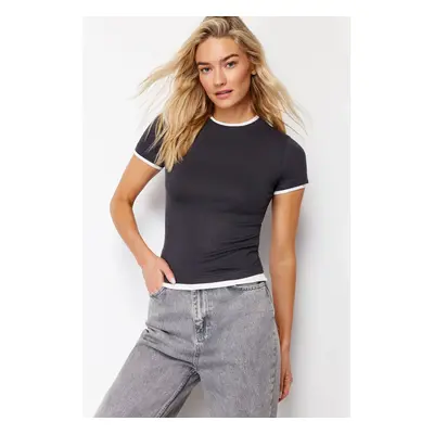 Trendyol Anthracite Viscose/Soft Fabric Color Block Stretchy Knitted T-Shirt