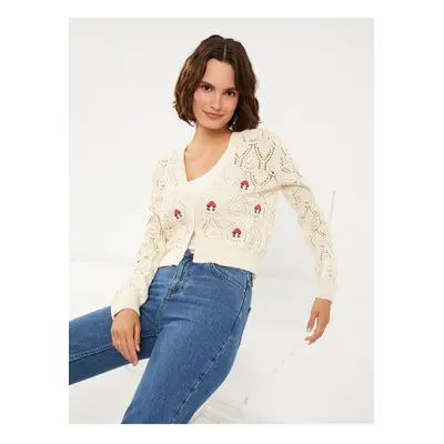 LC Waikiki V-Neck Embroidered Long Sleeve Women's Knitwear Cardigan