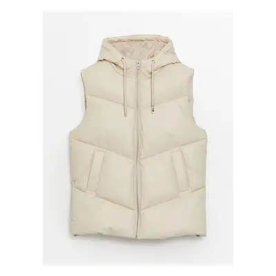 LC Waikiki Lcwk Hooded Plain Leather Look Women's Puffer Vest