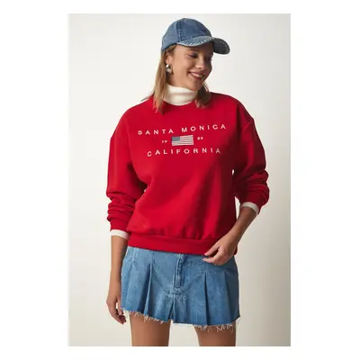 Happiness İstanbul Women's Red Embroidered Rose Gold Knitted Sweatshirt