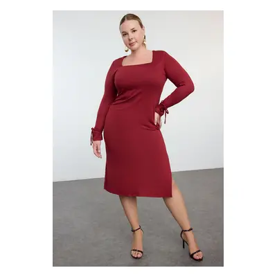 Trendyol Curve Claret Red Premium Square Neck Slit Knitted Plus Size Dress