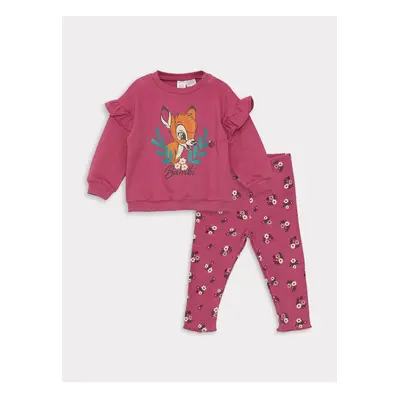 LC Waikiki Crew Neck Long Sleeve Bambi Printed Baby Girl Sweatshirt and Leggings 2- Set