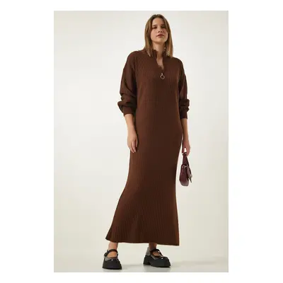 Happiness İstanbul Women's Brown Zipper Collar Ribbed Long Knitwear Dress