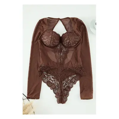 Trendyol Brown Lace Cut Out/Window Detail Covered Knit Bodysuit