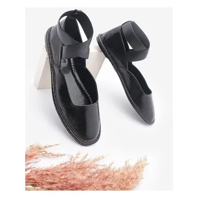 Marjin Women's Cross Strap Elastic Casual Ballerinas Lepone Black