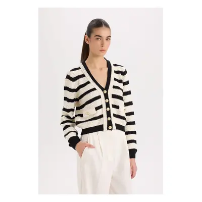 DEFACTO Regular Fit V Neck Striped Buttoned Cardigan