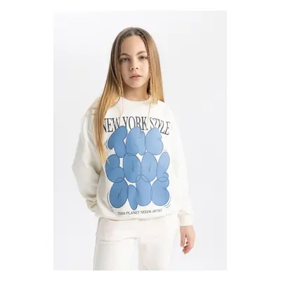 DEFACTO Girl's Oversize Fit Crew Neck Printed Sweatshirt