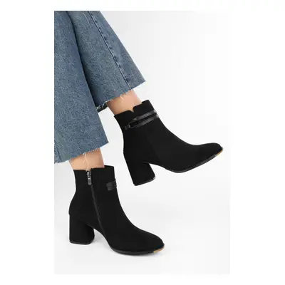 Shoeberry Women's Molly Black Suede Belt Detail Zippered Heeled Boots