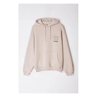 Trendyol Stone Oversize/Wide Cut Hooded Fleece Embroidered Sweatshirt