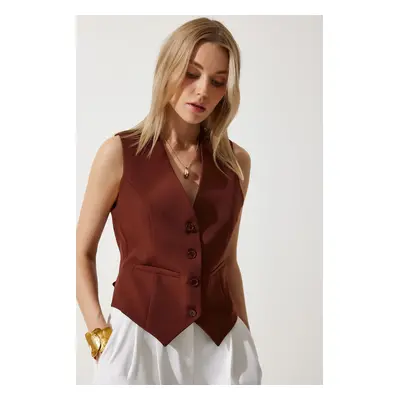 Happiness İstanbul Women's Brown Fitted Short Woven Vest