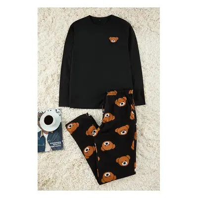 Trendyol Men's Black Regular Fit Teddy Bear Printed Knitted Pajama Set