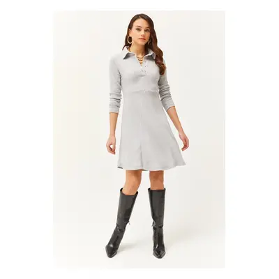 Olalook Women's Gray Polo Collar Buttoned Mini Flared Dress