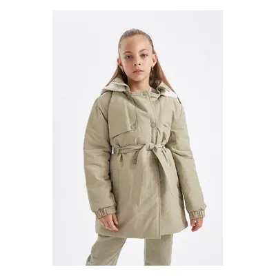 DEFACTO Girls Water Repellent Hooded Snap Waist Belted Faux Für Lined Long Raincoat