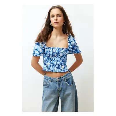 Trendyol Blue Gimped Square Neck Fitted/Situated Crop Knitted Blouse