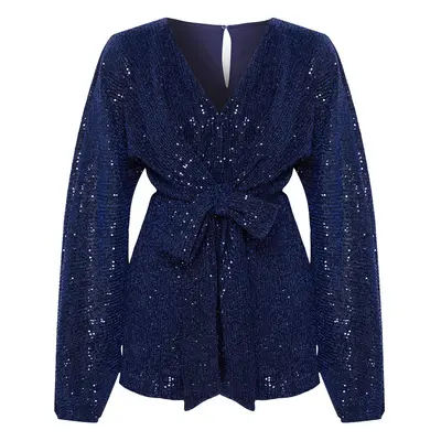 Trendyol Navy Blue Glitter Sequin Tie Detail Short Jumpsuit