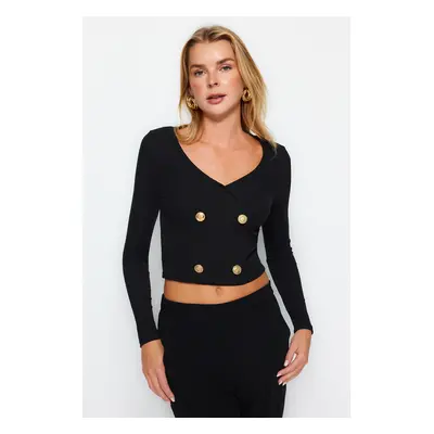 Trendyol Black Button Detailed V-Neck Ribbed Stretchy Crop Knitted Blouse