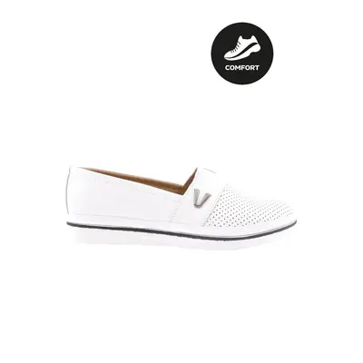 DGN 535-23Y Women's Laser V-Buckle Rubber Detailed Comfort Shoes White Genuine Leather