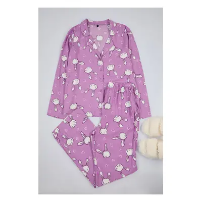 Trendyol Lilac Rabbit and Heart Patterned Viscose Woven Pajama Set