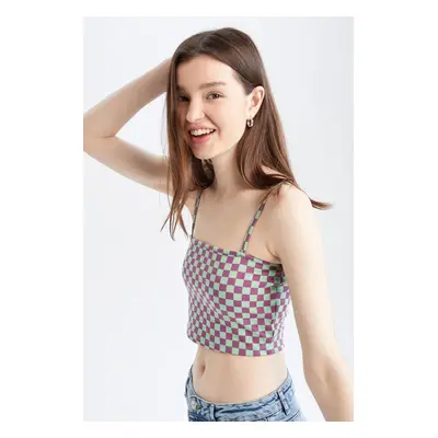 DEFACTO Fitted Square Neck Checkered Patterned Crop Undershirt