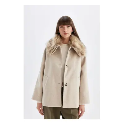 DEFACTO Faux Für Detachable Collar Buttoned Pocket Short Cashmere Coat