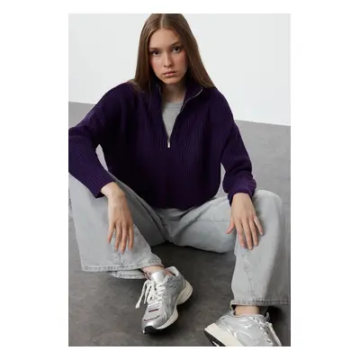 Trendyol Purple Super Crop Zippered Knitwear Sweater