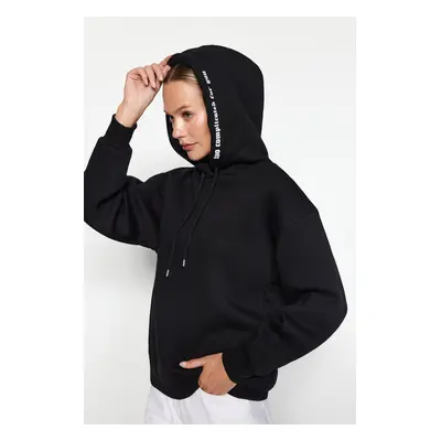 Trendyol Black Hood Slogan Printed Oversize/Wide-Fit Knitted Sweatshirt