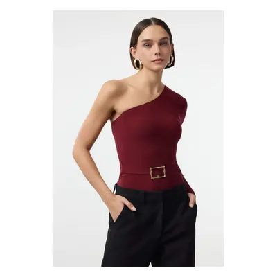 Trendyol Burgundy Belt Detailed One-Shoulder Fitted Flexible Knitted Body with Snap Fasteners