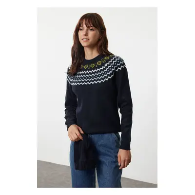 Trendyol Navy Blue Soft Textured Ethnic Patterned Sweater-Beret Knitwear Sweater