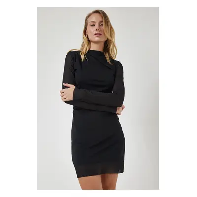 Happiness İstanbul Women's Black Chiffon Sleeve Gathered Knitted Dress