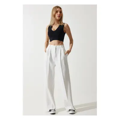 Happiness İstanbul Women's Broken White Thin Striped Masculine Palazzo Pants