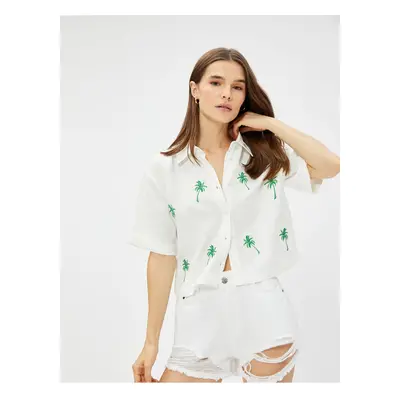 Koton Linen Blend Palm Embroidered Crop Shirt