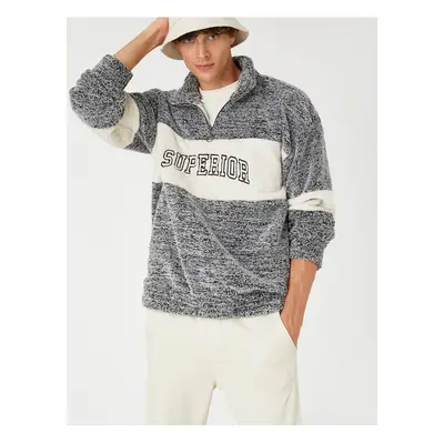 Koton High Neck Sweatshirt Motto Printed Color Block