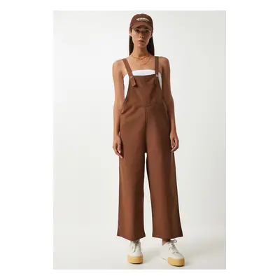 Happiness İstanbul Women's Brown Strappy Thin Gabardine Summer Gardener Overalls