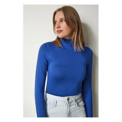 Happiness İstanbul Women's Blue High Collar Saran Stretchy Knitted Blouse