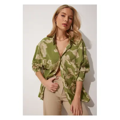 Happiness İstanbul Women's Green Patterned Oversize Cotton Satin Shirt