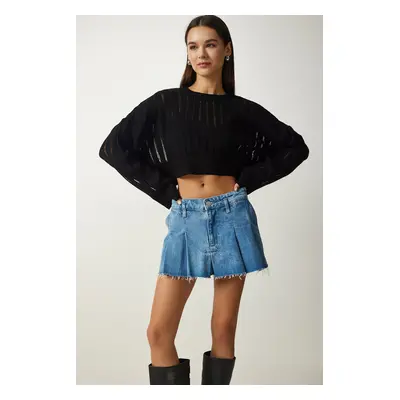 Happiness İstanbul Women's Black Openwork Crop Knitwear Sweater