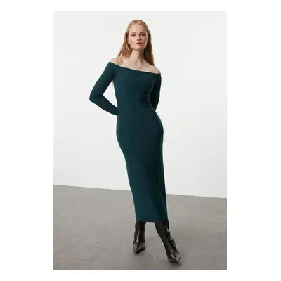 Trendyol Emerald Green Straight Carmen Neck Bodycone/Fitting Flexible Maxi Knitted Dress