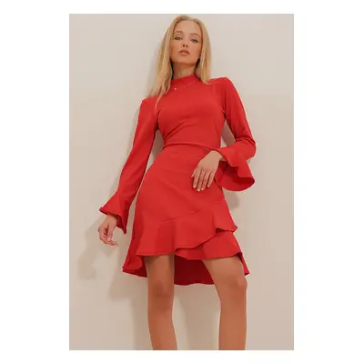 Trend Alaçatı Stili Women's Red High Neck Skirt And Flounce Sleeves Scuba Dress