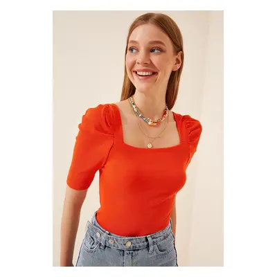 Happiness İstanbul Women's Orange Square Neck Ribbed Crop Blouse